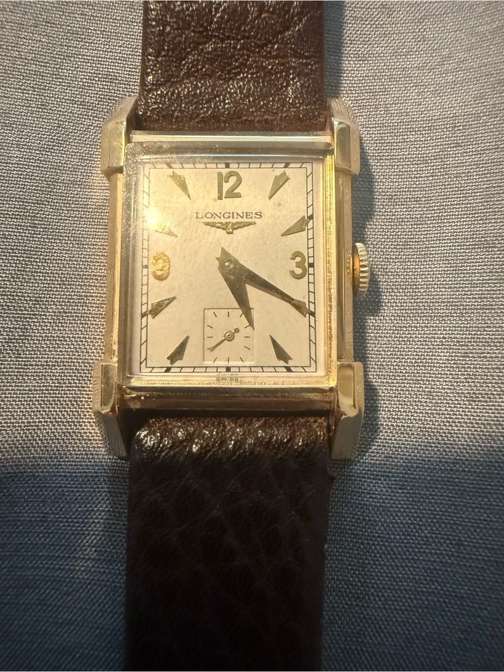 Longines 14k Gold Case Tank Watch with Brown Leather Strap